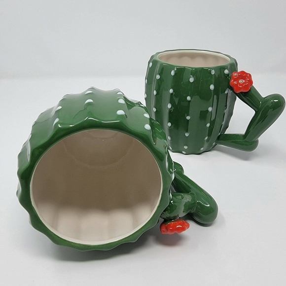 Cactus Ceramic Mugs Green White Red Flower Set of 2 - Picture 9 of 12